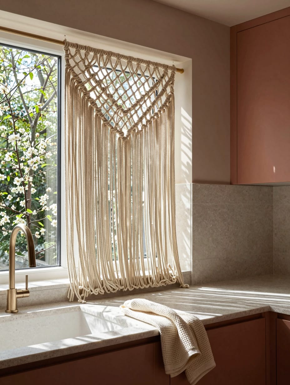 Close-up of a white bohemian macrame curtain with fringe, filtering light over a kitchen sink window.