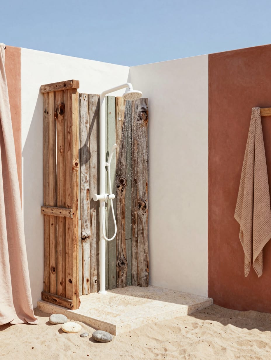 A coastal outdoor shower featuring natural driftwood accents and a whitewashed slatted wall.