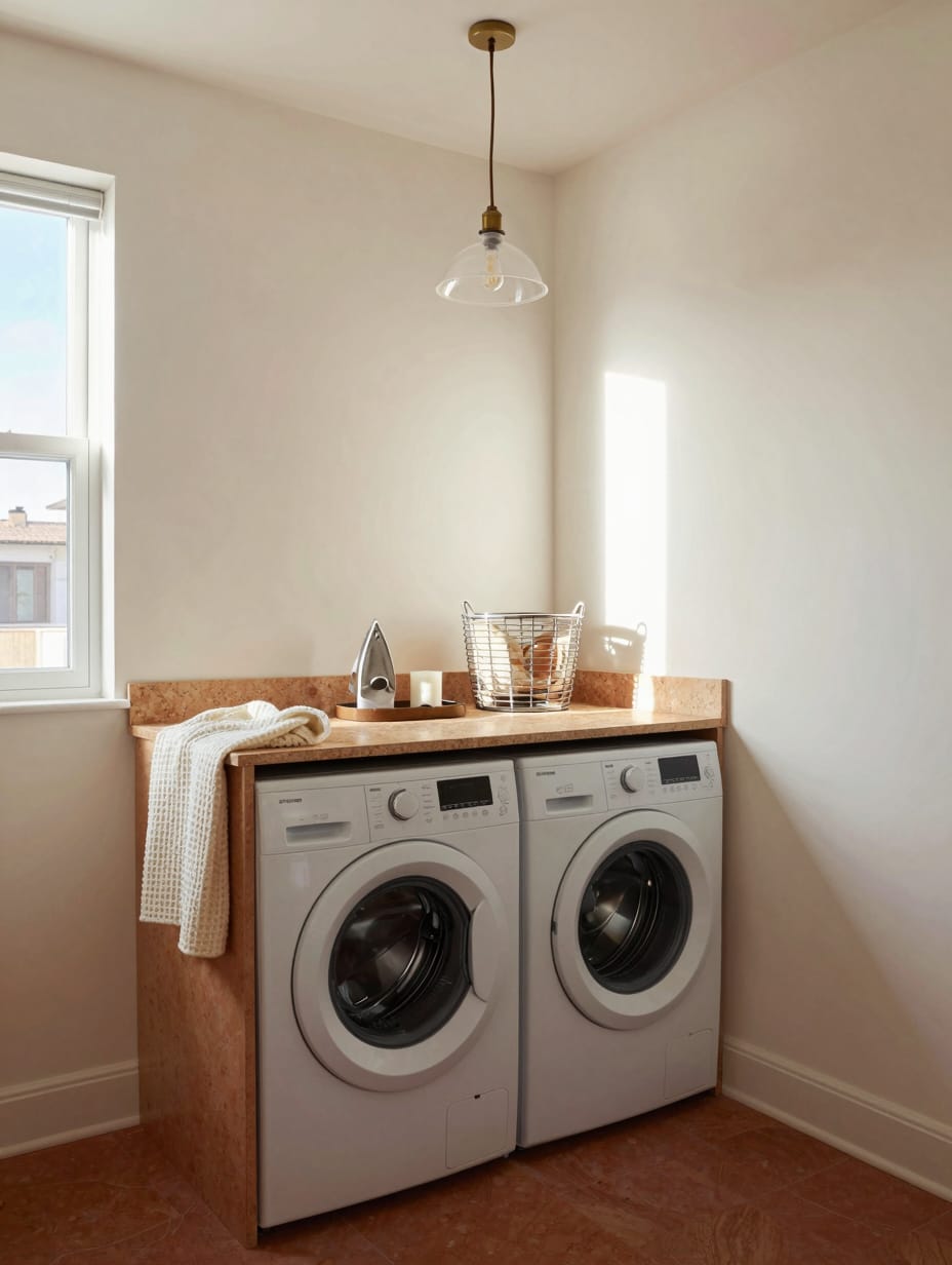 A clean white countertop extending over a washer and dryer in a small laundry room, with storage baskets and plants above....