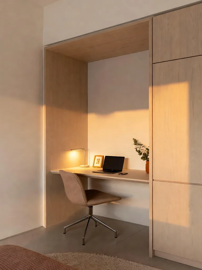 A cozy studio apartment workspace featuring a floating desk mounted on a wall with shelves above it, perfect for small spa...