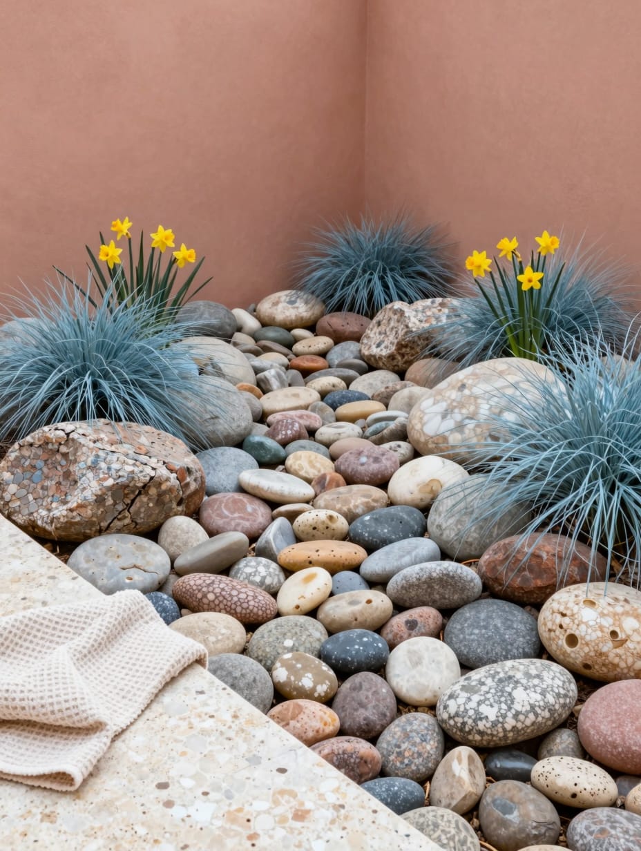 Rustic river rock dry creek bed winding through a landscaped yard with green plants and small trees.