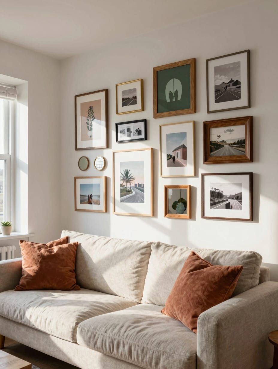 A chic gallery wall ensemble with various framed prints and photos, showcasing personalized and budget-friendly apartment ...