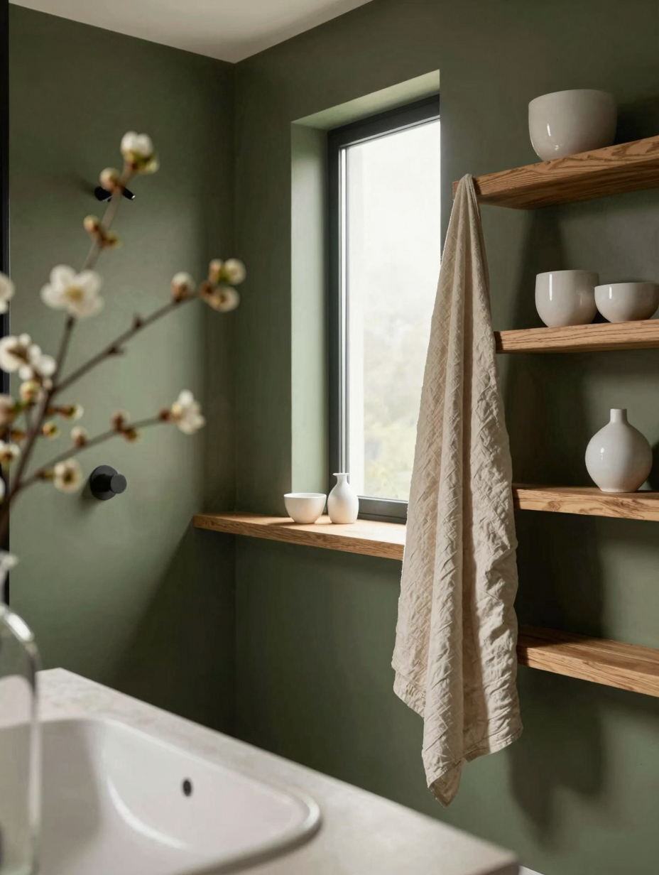 Olive green color drenching bathroom features a freestanding tub, a large window, and leafy plants creating a serene oasis...