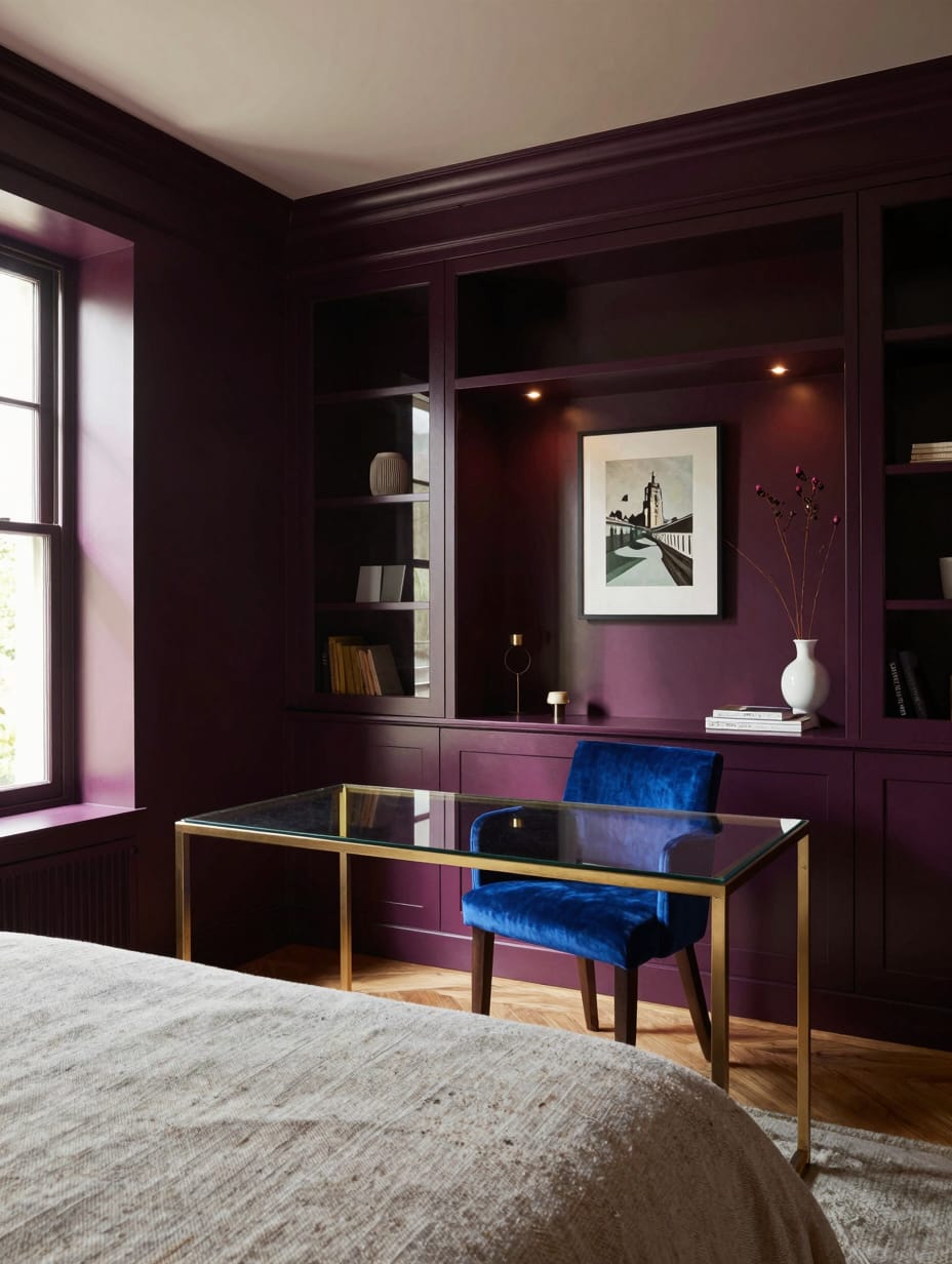 A stunning color drenching home office featuring rich, dramatic plum hues on walls and ceiling, creating a regal and produ...