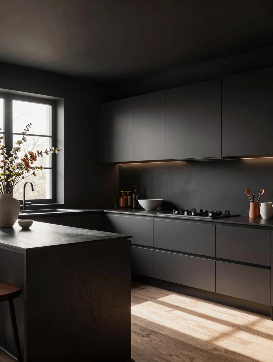 A sophisticated kitchen featuring charcoal color drenching, creating a cozy and elegant cooking space.