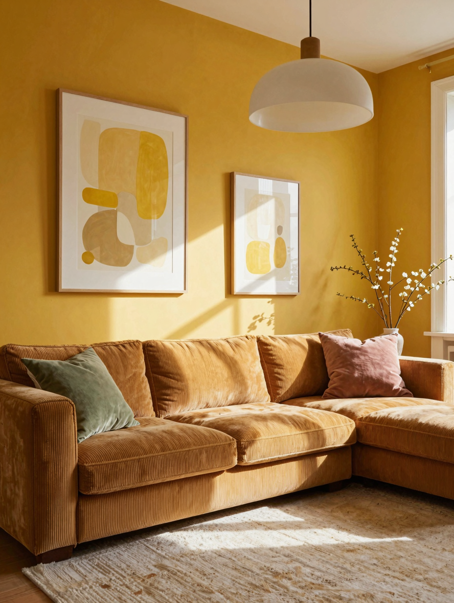 A vibrant living room drenched in mustard yellow, featuring a cozy sofa, textured throw pillows, and golden accents.