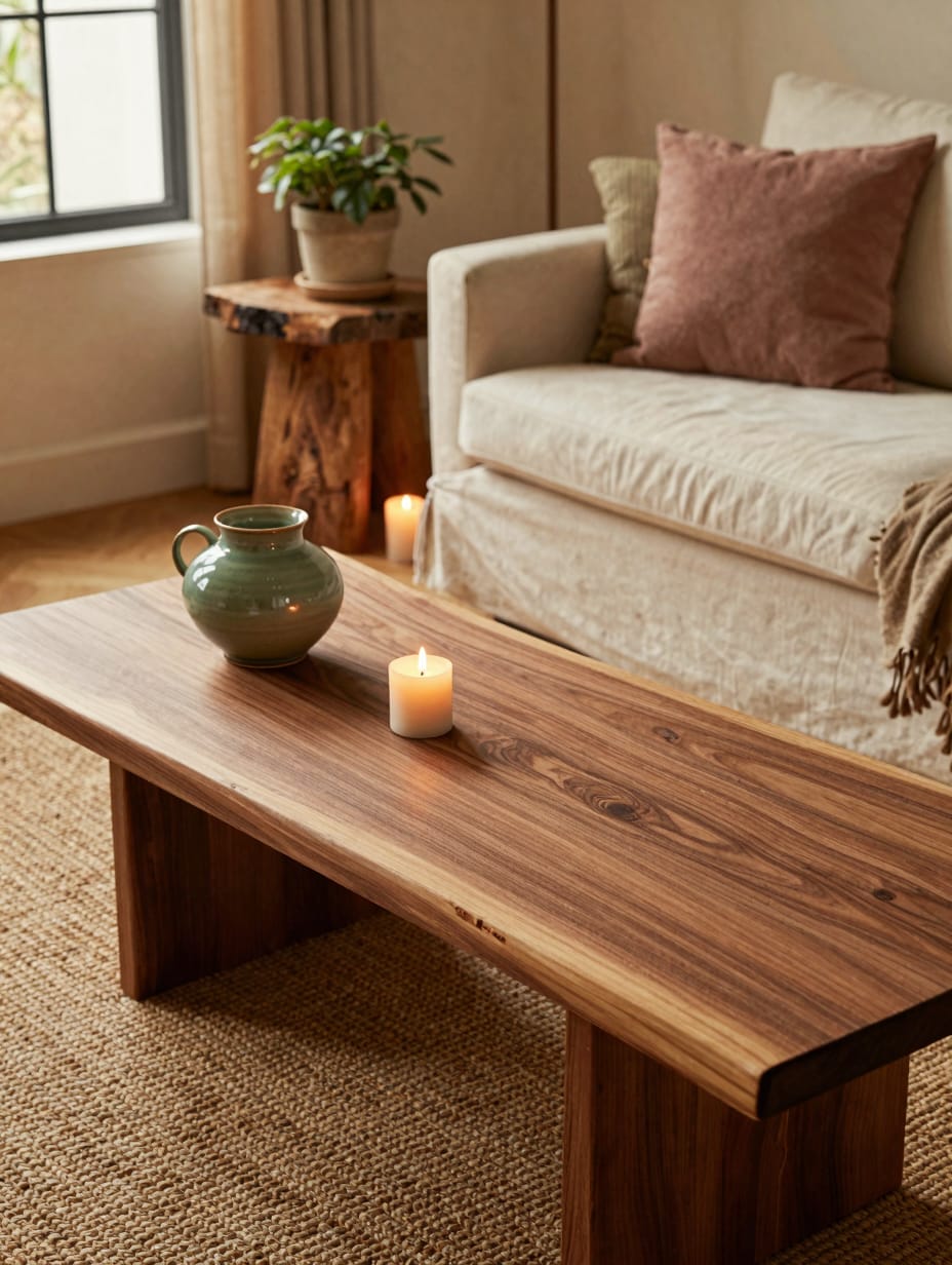 A cozy living room featuring natural wood furniture, a wooden coffee table, and warm wood flooring, creating a grounded an...