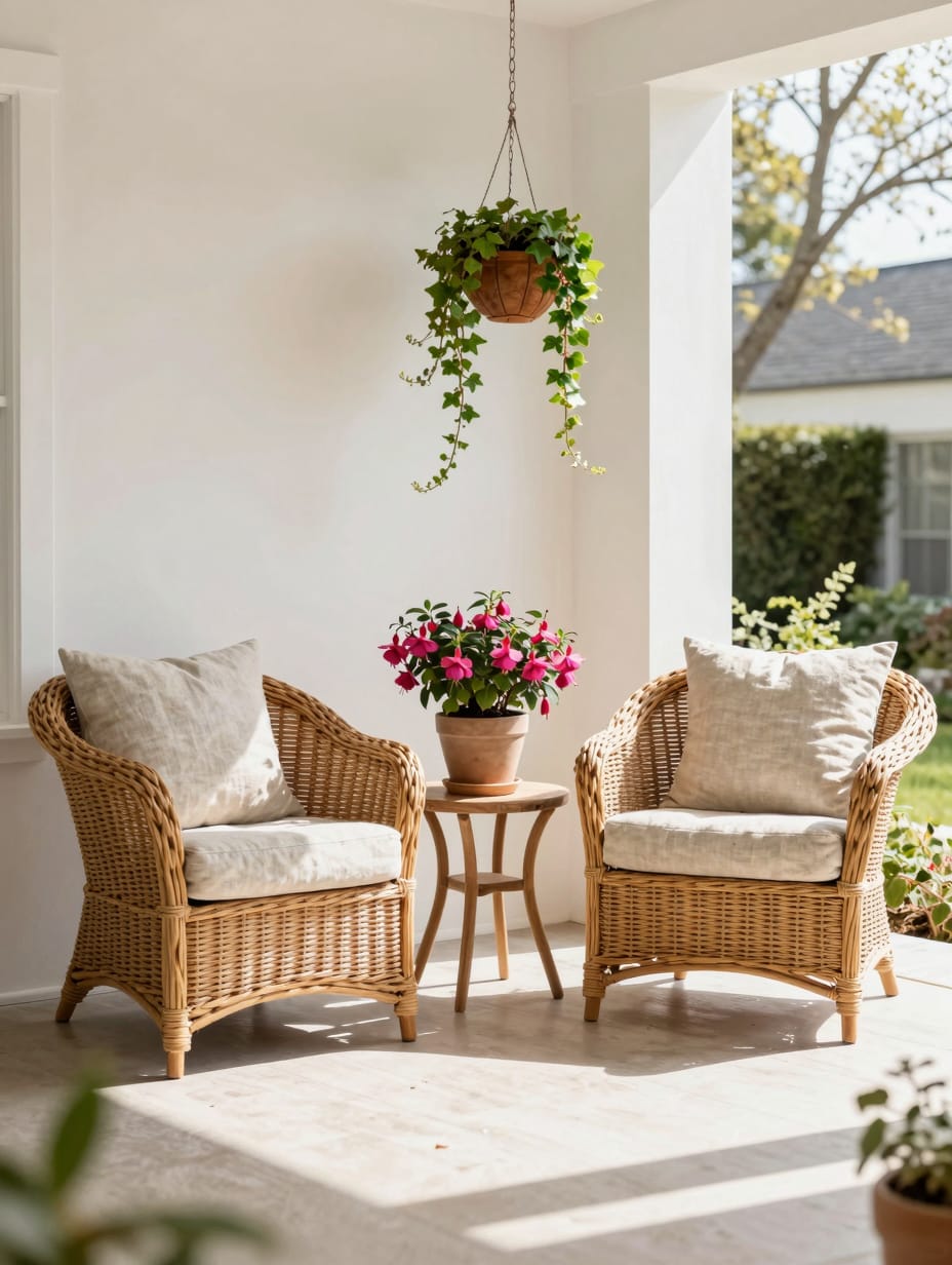 A cozy porch nook features potted flowers and comfortable seating, enhancing front yard landscaping.