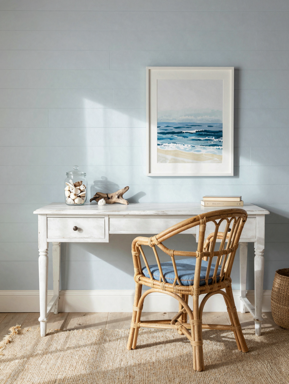 A bright and airy coastal calm home office aesthetic with light wood desk, white chair, and natural woven accents.