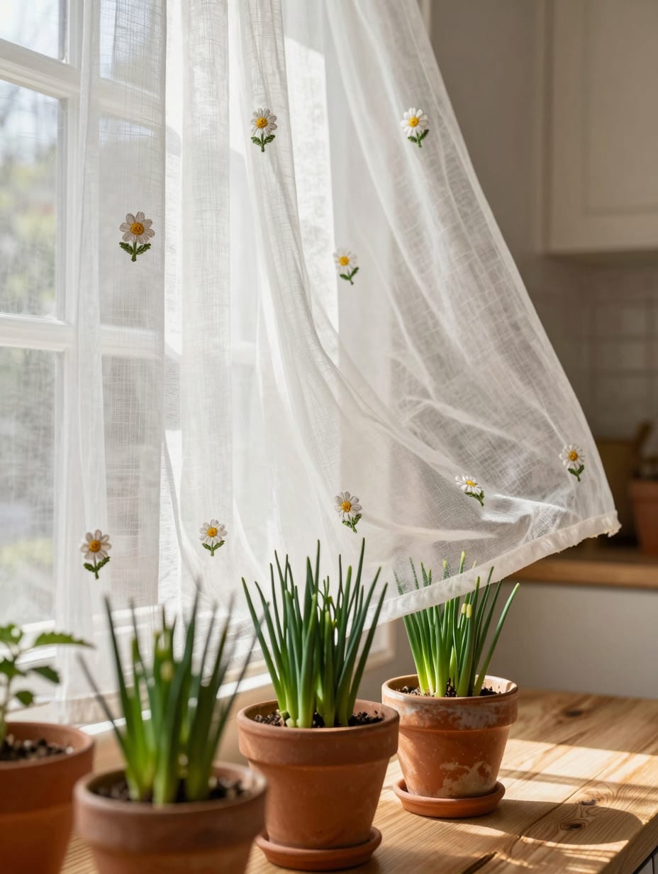 Light, sheer kitchen sink curtains with delicate spring meadow embroidery, adding a charming touch to the window.