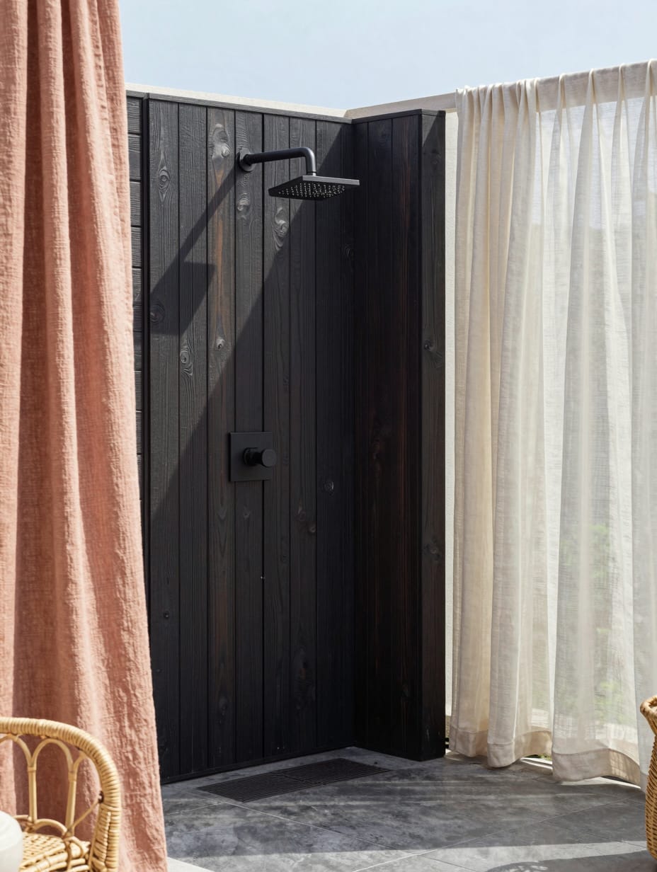 Sleek black and wood modernist outdoor shower design with clean lines, minimalist aesthetic.