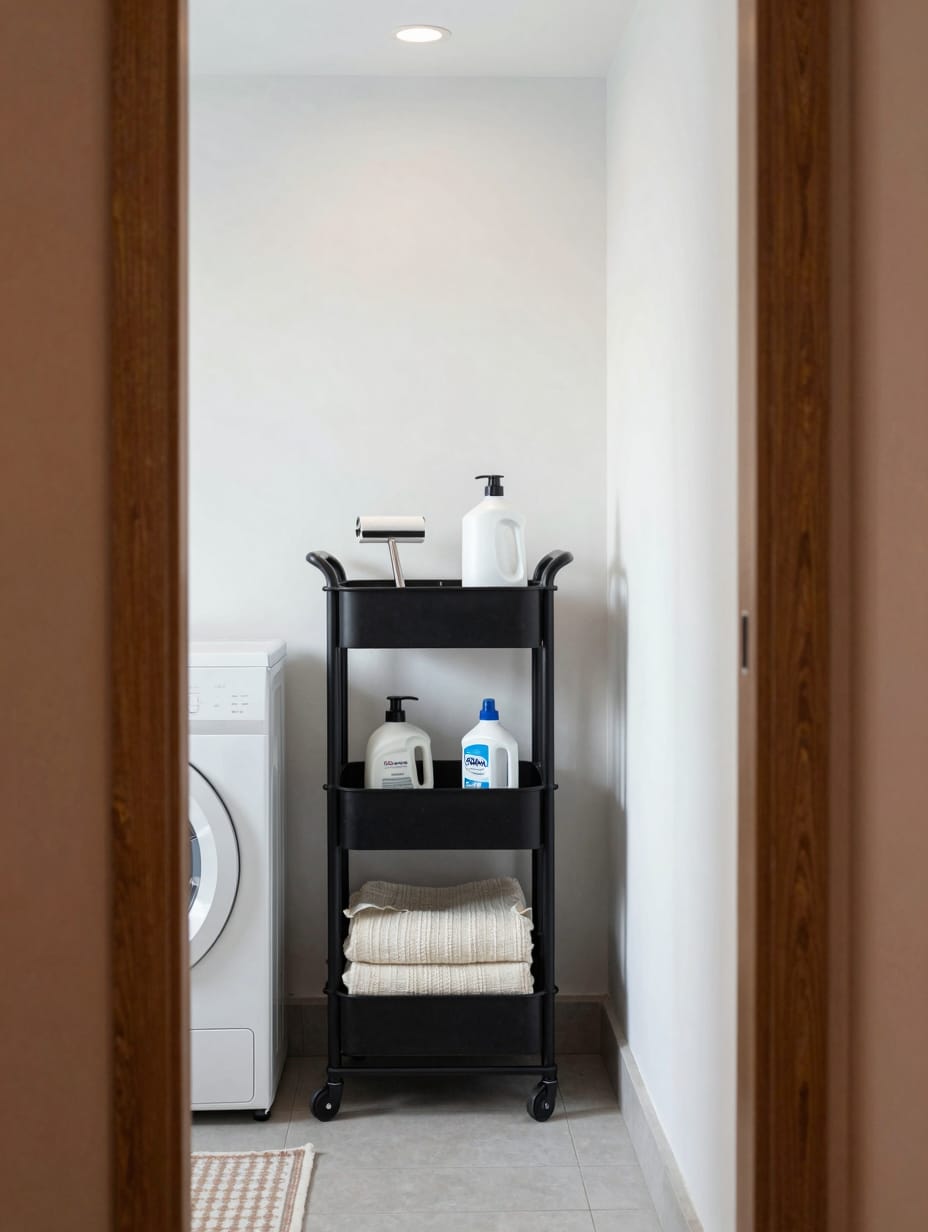 A white wheeled storage cart filled with laundry essentials like detergent and fabric softener in a compact, organized lau...