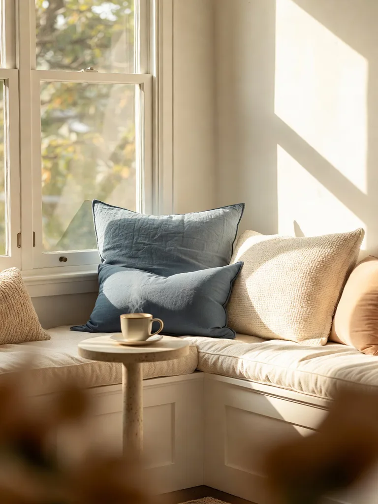 A cozy window retreat in a studio apartment, featuring throw pillows, a blanket, and string lights, creating an inviting r...