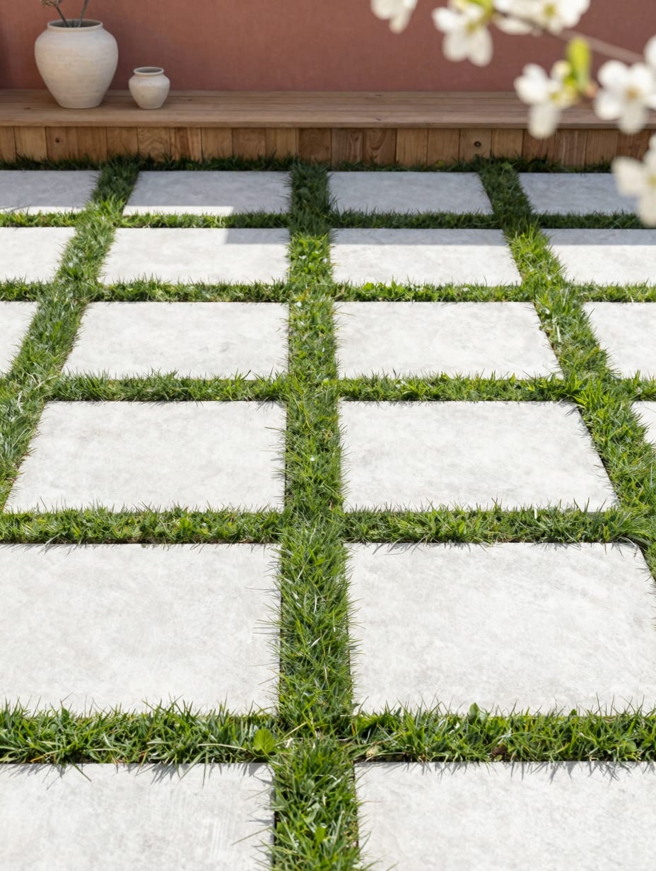 A contemporary outdoor walkway crafted with a unique paver and grass grid design, integrating hardscaping and greenery.
