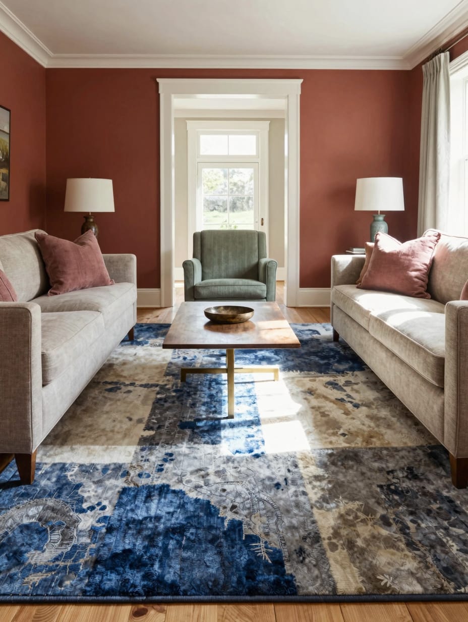 A stylish area rug with a geometric pattern defines a living space, adding a touch of elegance to budget apartment decor....