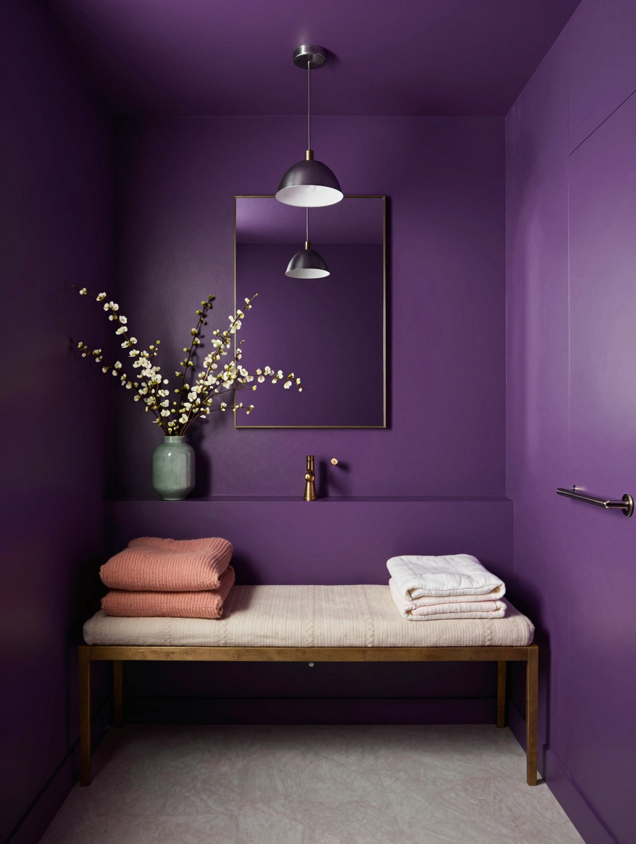 A luxurious bathroom with walls and ceiling painted in imperial purple, creating a striking color drenching effect.