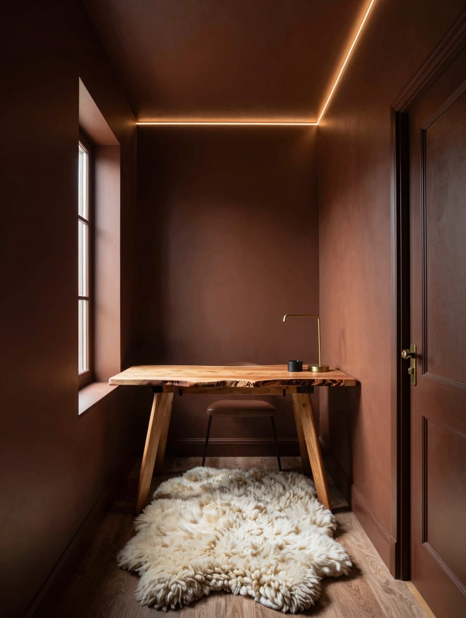 A cozy color drenching home office with chocolate brown walls, desk, and accent decor, creating a warm and productive atmo...