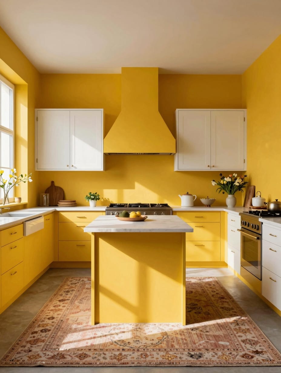 A luxurious color drenching kitchen design featuring rich saffron yellow cabinets and walls, creating a bold, warm ambianc...
