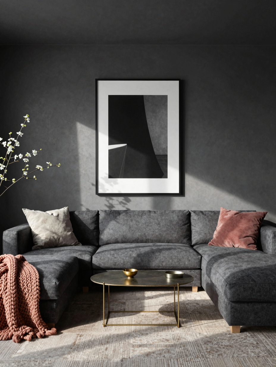 A sophisticated color drenching living room featuring walls, ceiling, and trim painted in a deep charcoal gray, with a plu...