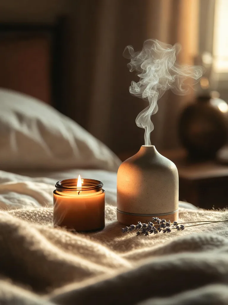 Close-up of a lit scented candle and a reed diffuser on a bedside table, adding a warm glow and pleasant aroma to a cozy b...