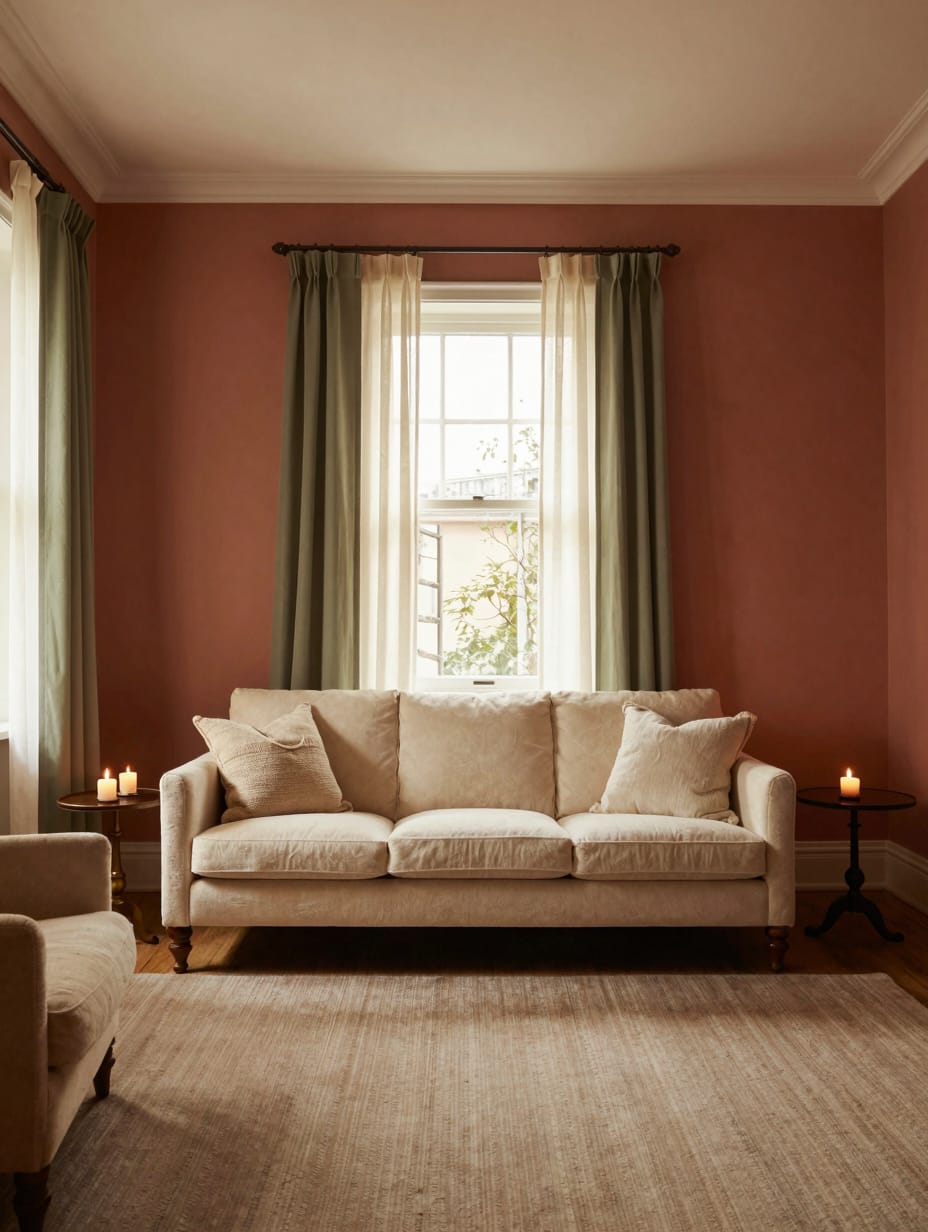 A cozy living room featuring walls painted in warm, comforting hues, creating a welcoming and intimate atmosphere, one of ...