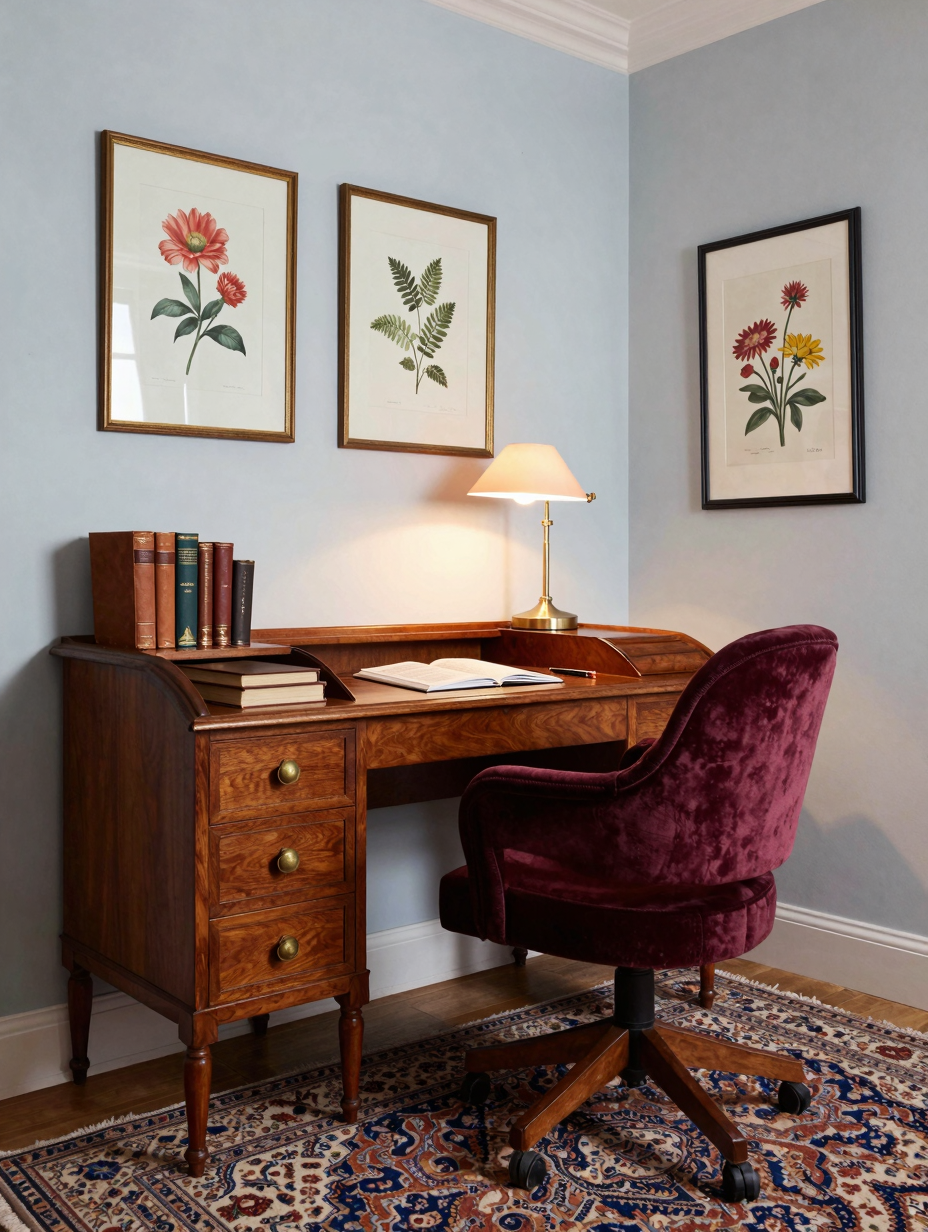A cozy, vintage-inspired home office with a dark wooden desk, leather chair, and antique decor, creating a unique home off...