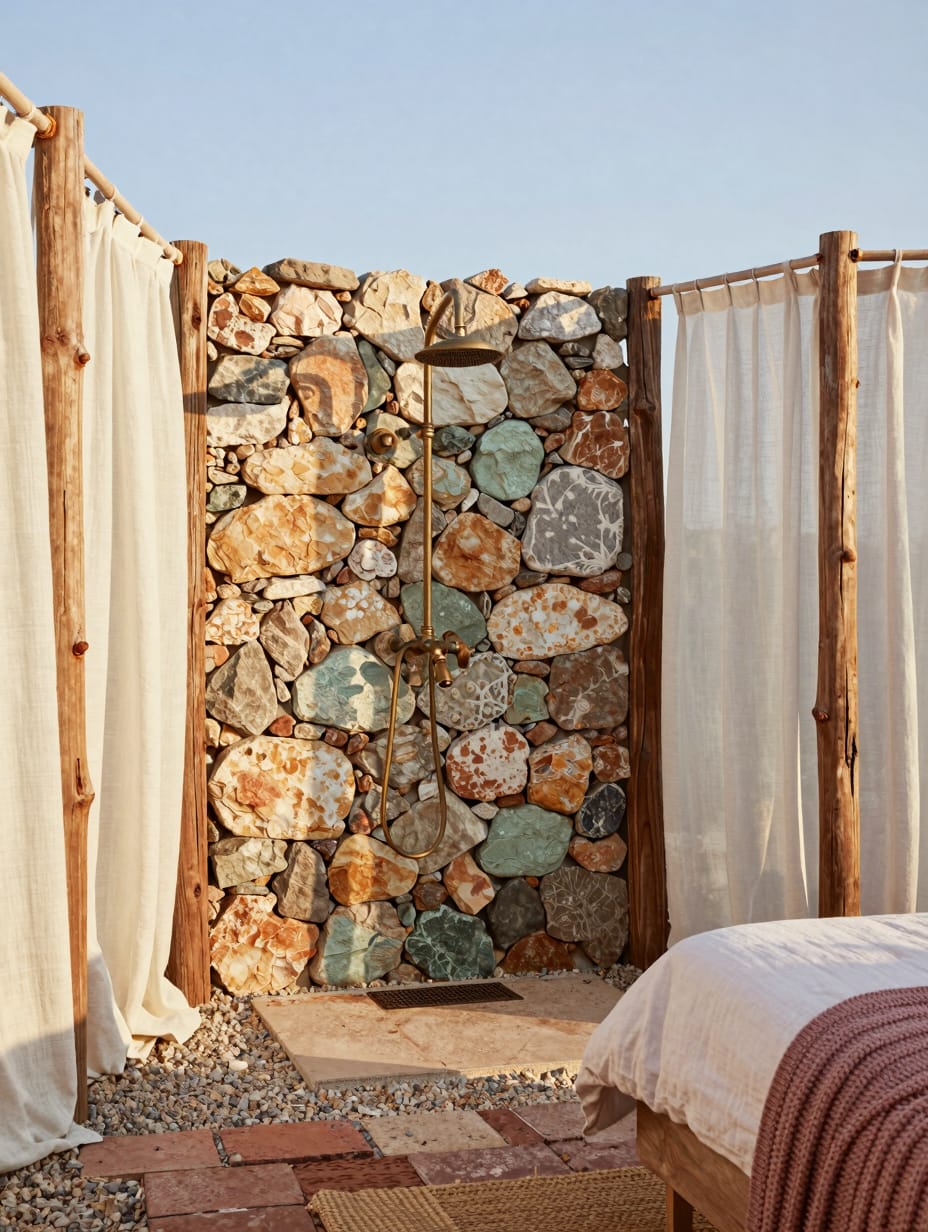 A rustic outdoor shower with natural stone walls, a timber ceiling, and a modern rain showerhead, set in a lush garden.