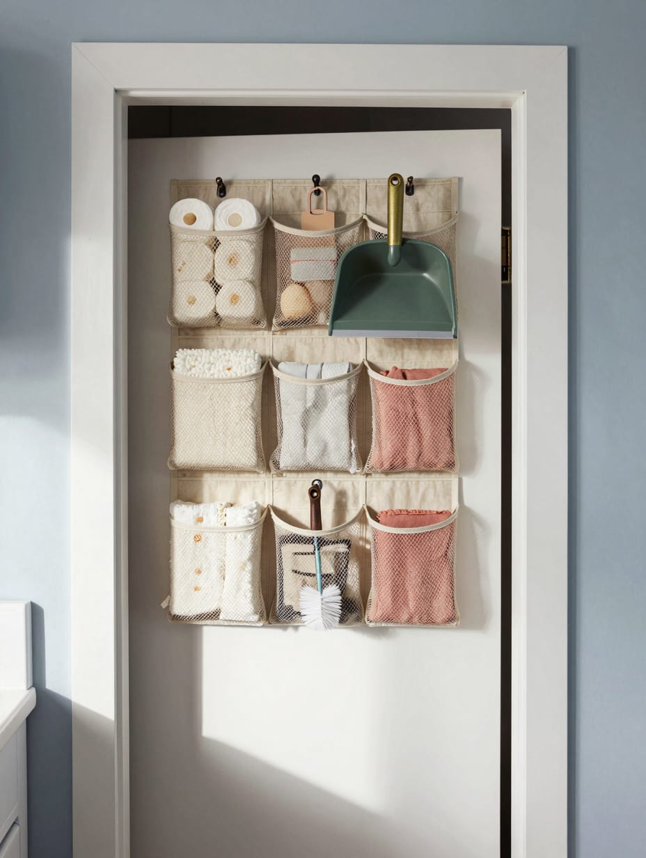 White laundry room door with clear acrylic shelves storing detergent, dryer sheets, and other essentials, optimizing space...