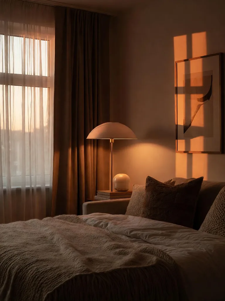 A cozy studio apartment living area featuring layered lighting from a floor lamp, table lamp, and string lights, creating ...