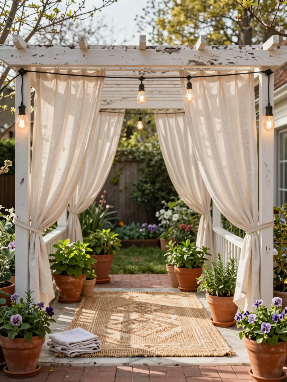 A cozy bohemian-style pergola nook with string lights, creating a warm ambiance in an outdoor space, one of many yard land...
