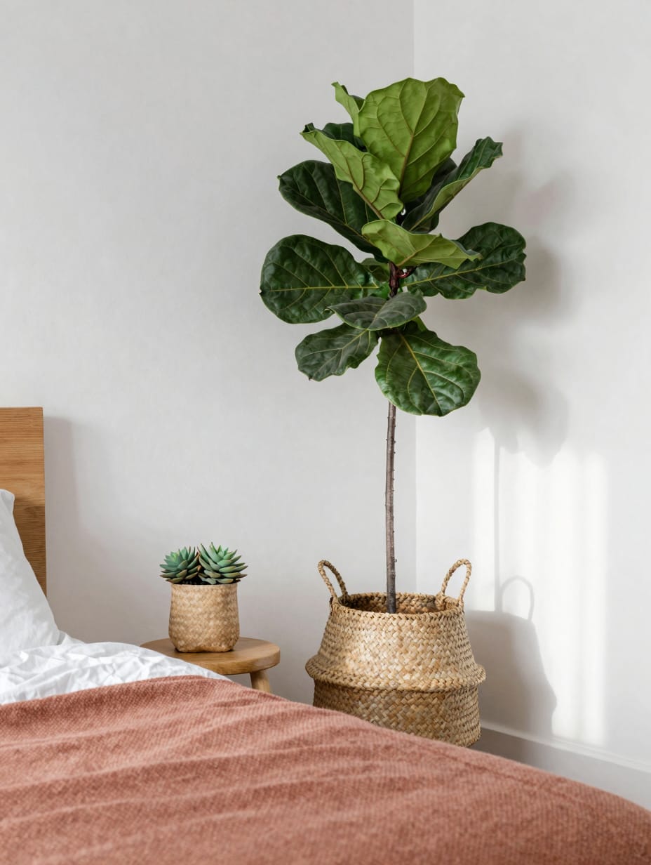 A potted snake plant on a wooden side table next to a sofa, part of a budget apartment decor strategy.