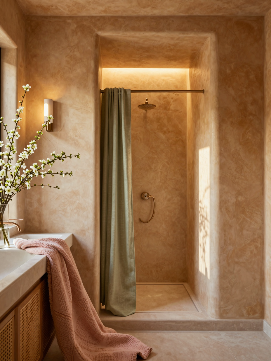 Golden ochre color drenching bathroom with warm ambient lighting, freestanding tub, and minimalist decor, creating a spa-l...