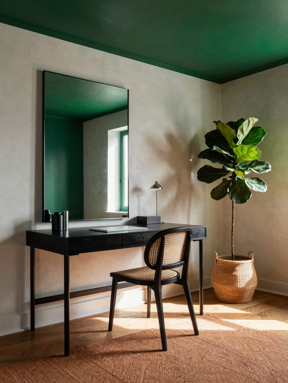 An elegant home office completely drenched in a deep emerald green color, with dark wood furniture and gold accents.