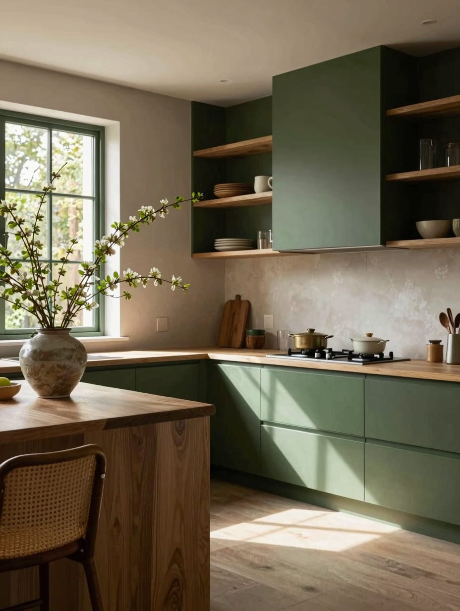 A luxurious forest green color drenched kitchen with dark wood accents and a large island, creating a deep woodland retrea...