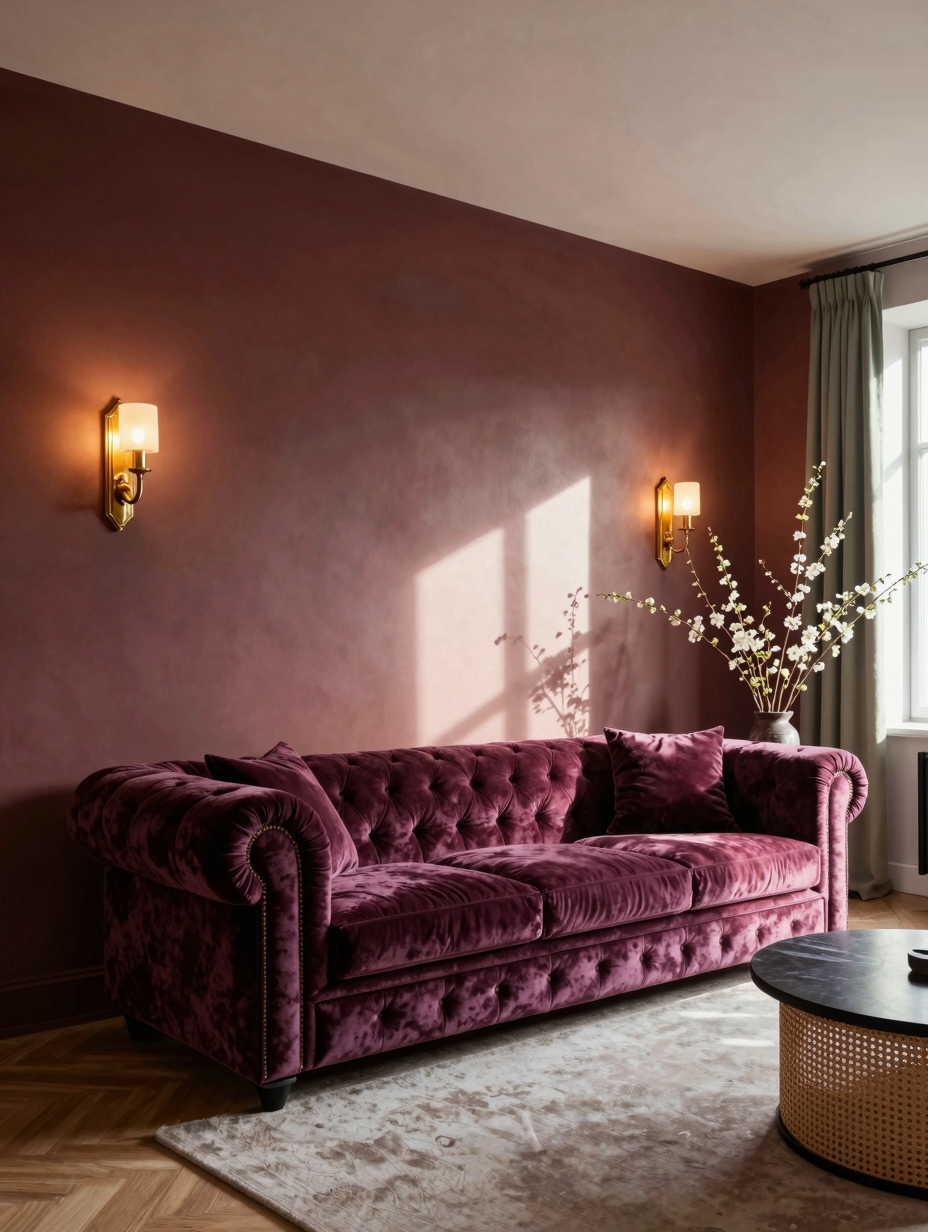 A luxurious living room featuring plum velvet sofas and walls, showcasing a stunning color drenching living room design....