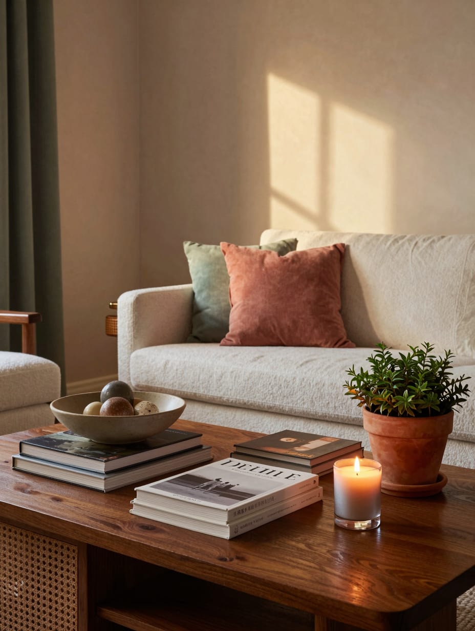 A stylish coffee table with books and a warm blanket, creating a cozy living room centerpiece.