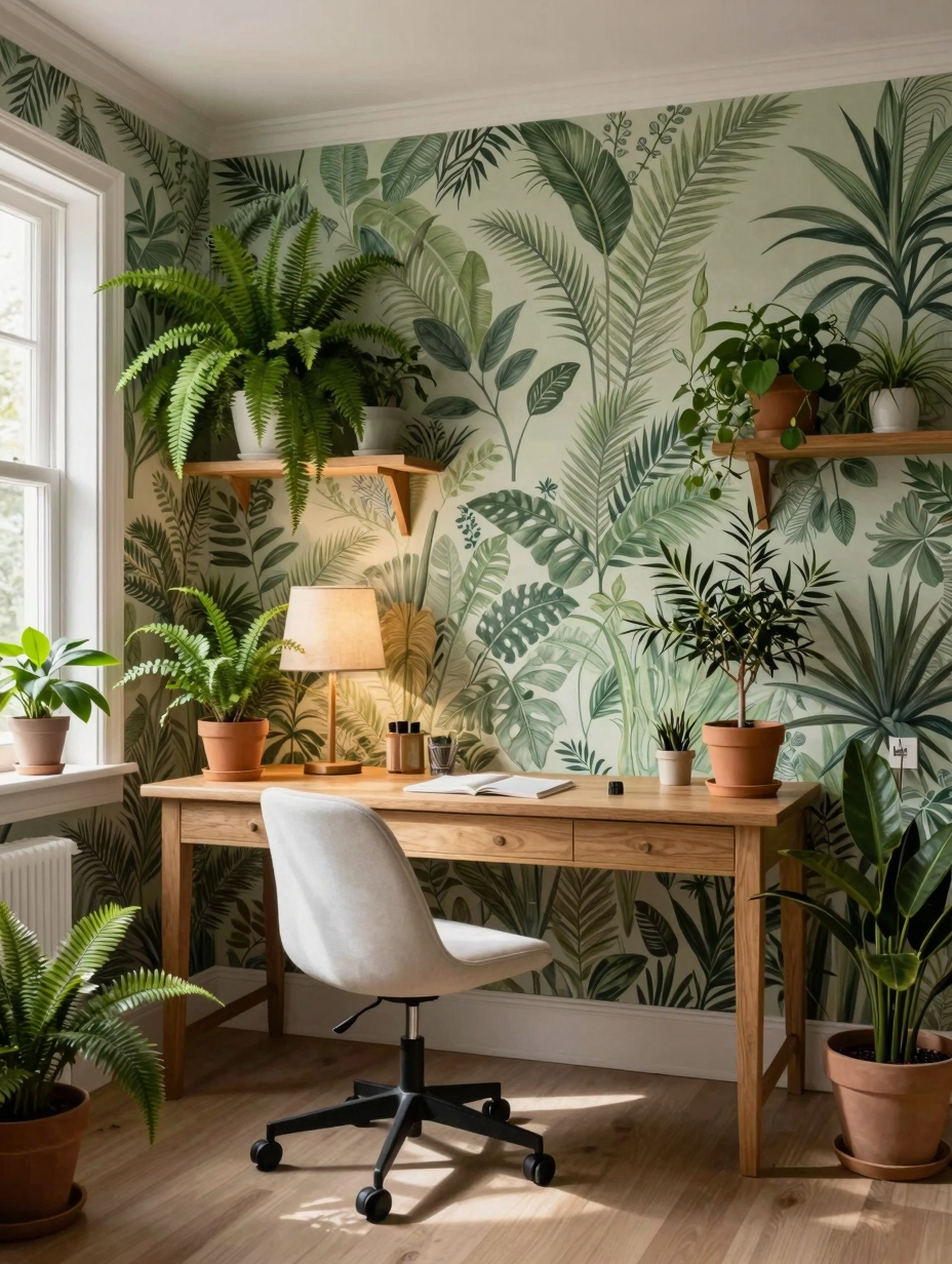 Serene home office with lush green plants, natural light, and a wooden desk, creating a peaceful botanical garden retreat....