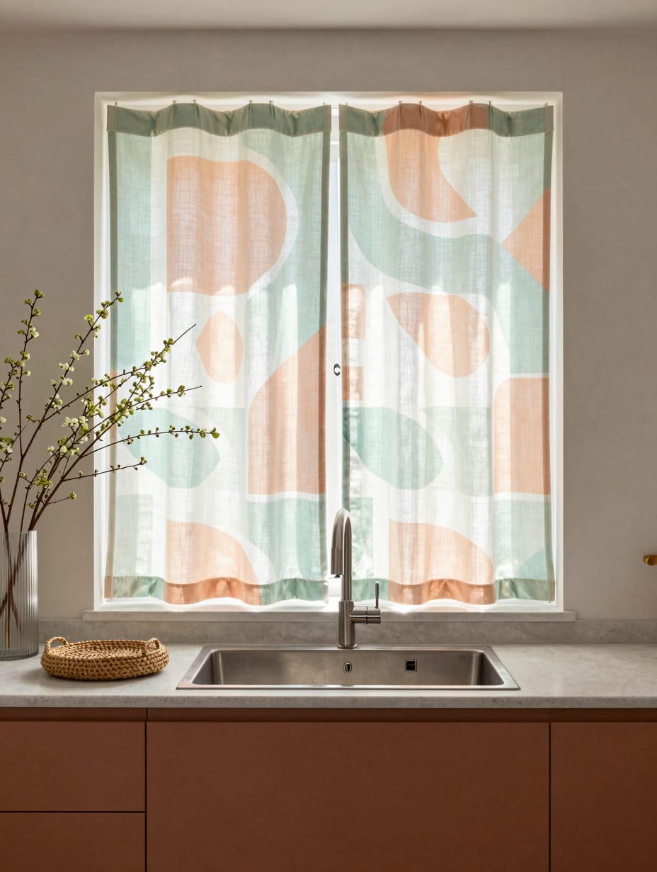 A pair of modern pastel geometric tier kitchen sink curtains with a subtle pattern and soft colors, creating a chic window...