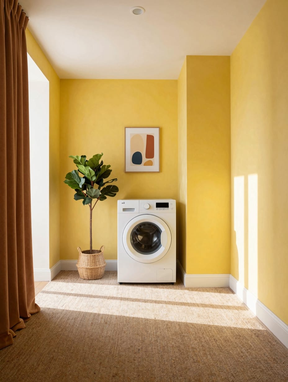 A vibrant small laundry room featuring a colorful rug, decorative items, and bright accents, adding cheer to the space.