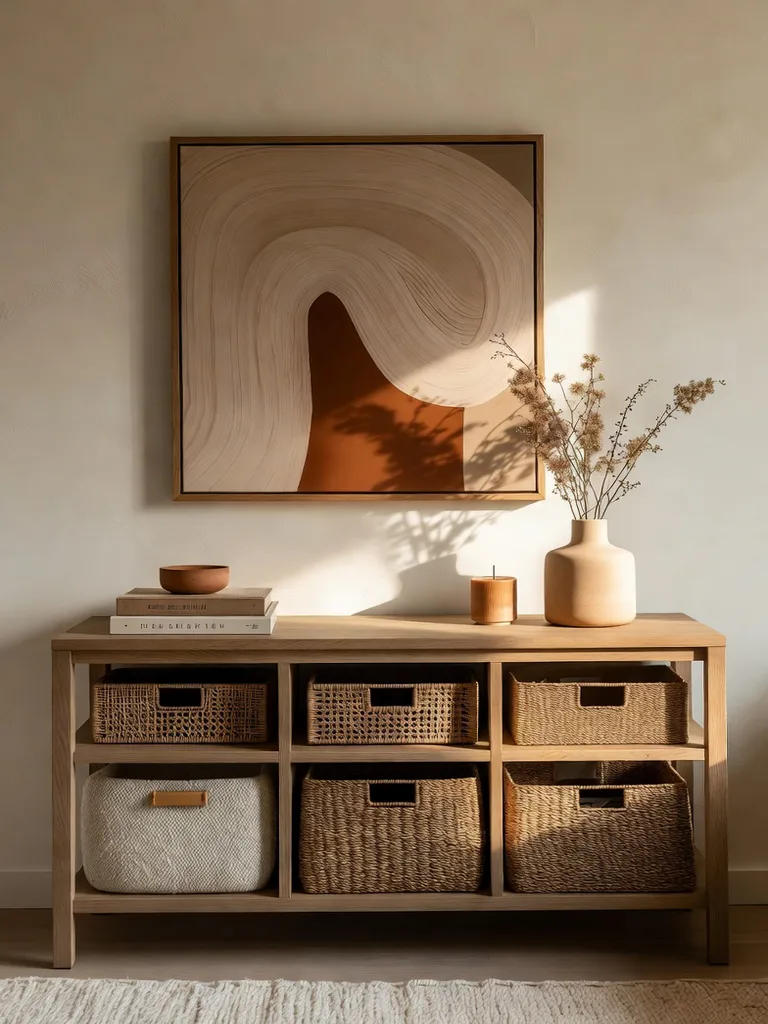Built-in bench with hidden storage in a cozy studio apartment, a smart solution for maximizing space.