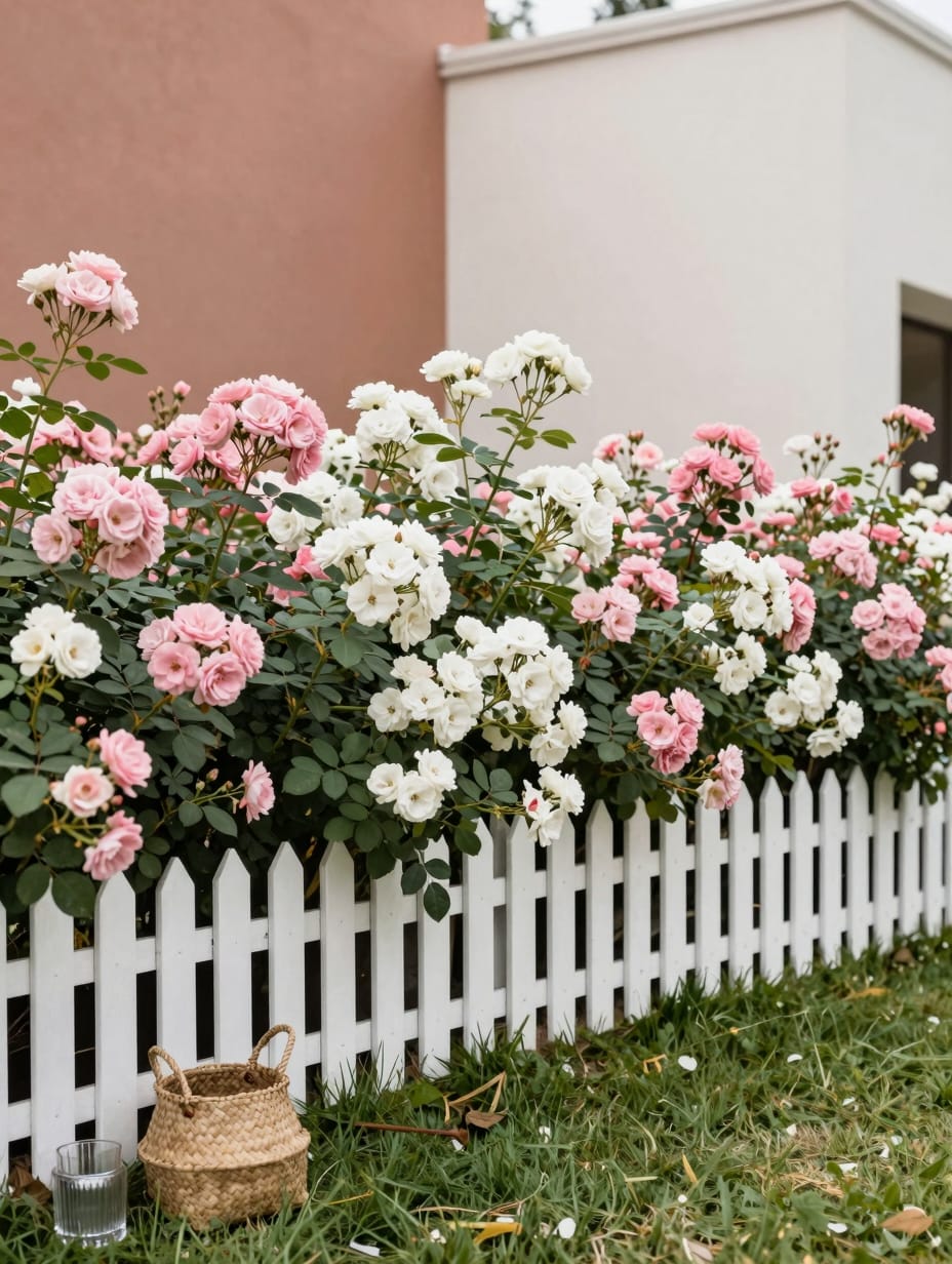 A beautiful classic English rose border overflowing with pink, red, and white roses, creating a charming garden path.