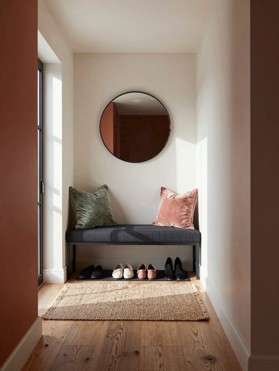 A stylish living room featuring a storage ottoman and a console table that doubles as a desk, showcasing clever budget apa...