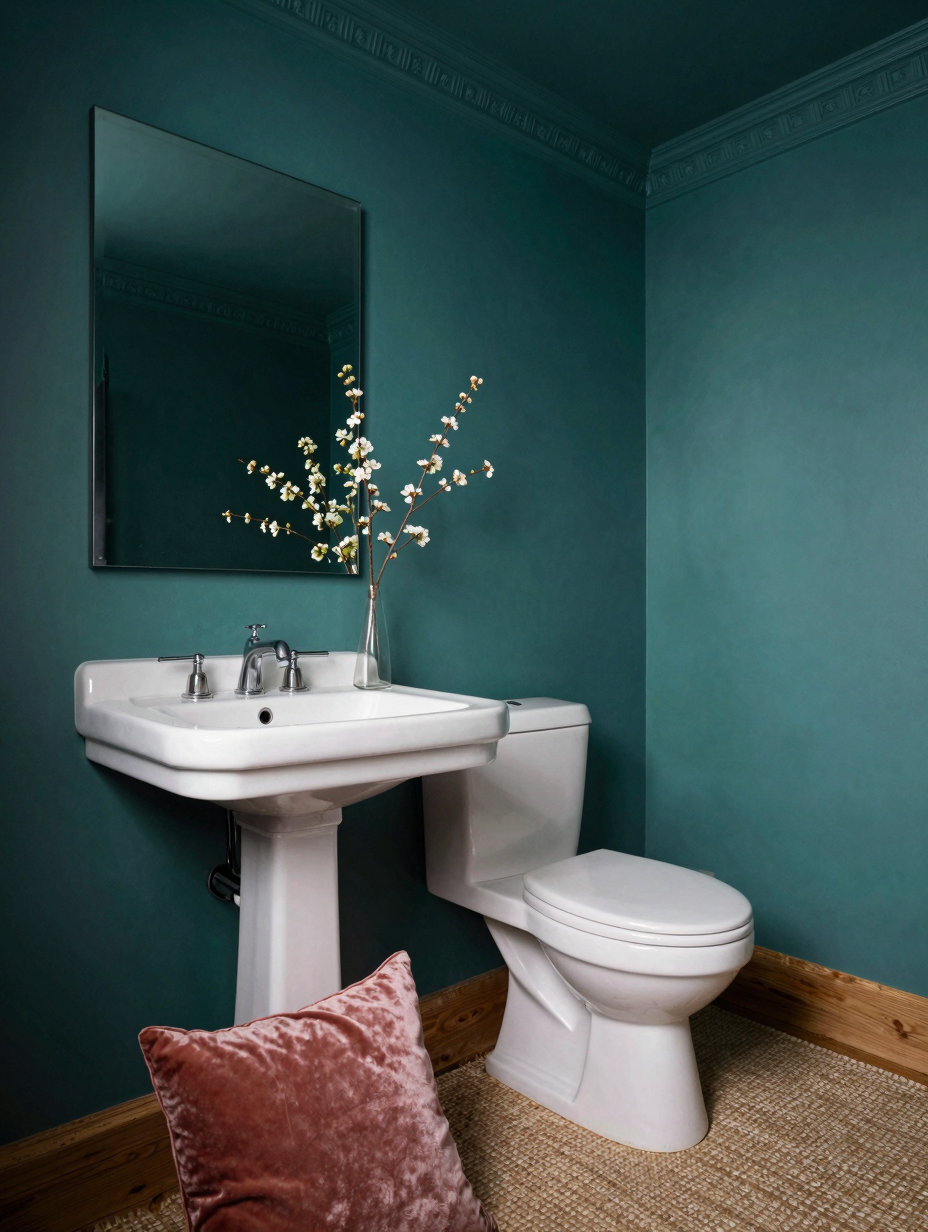 A luxurious color drenching bathroom featuring deep teal walls, vanity, and accents, creating a serene spa-like retreat....