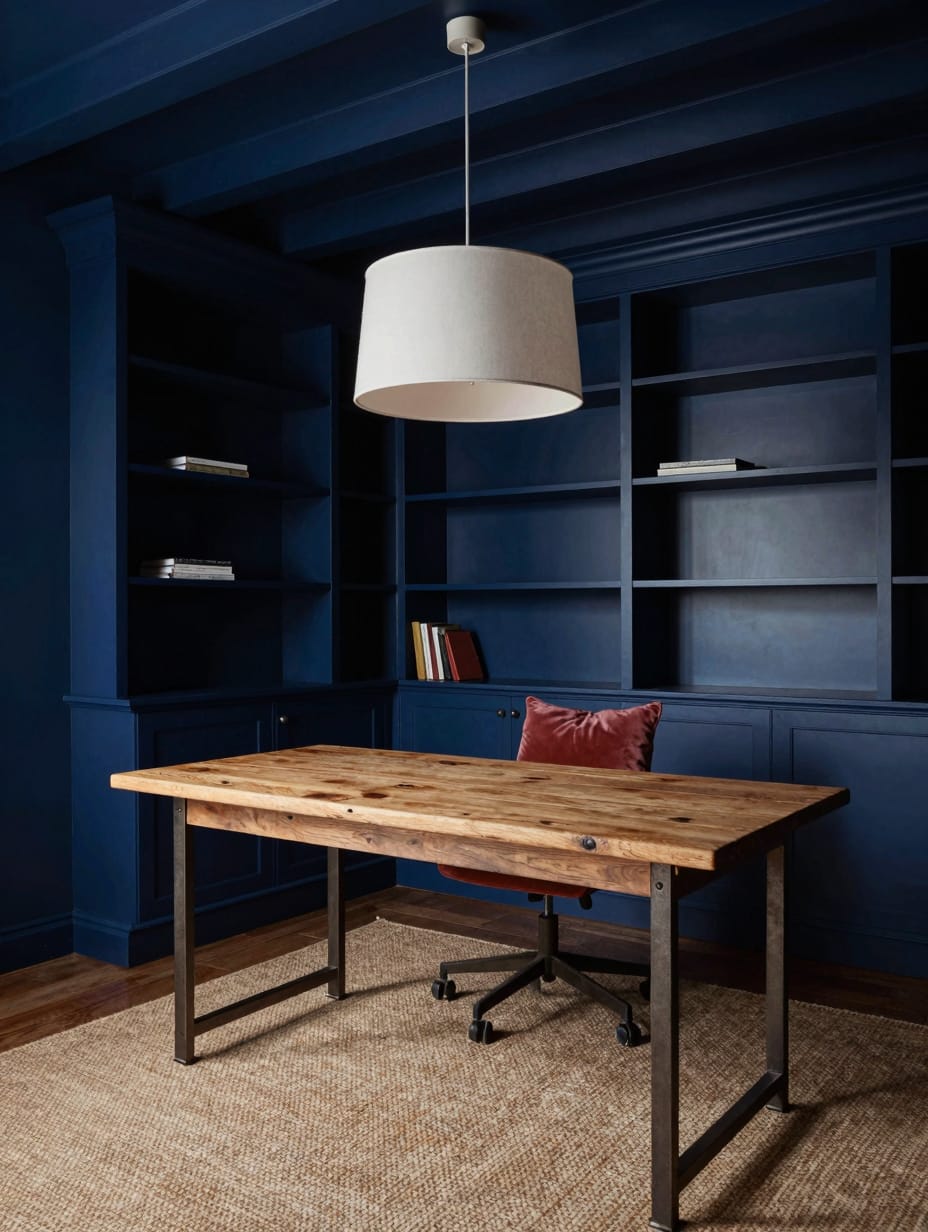 A color drenching home office entirely painted in a deep sapphire blue, featuring a modern desk, chair, and shelving for a...