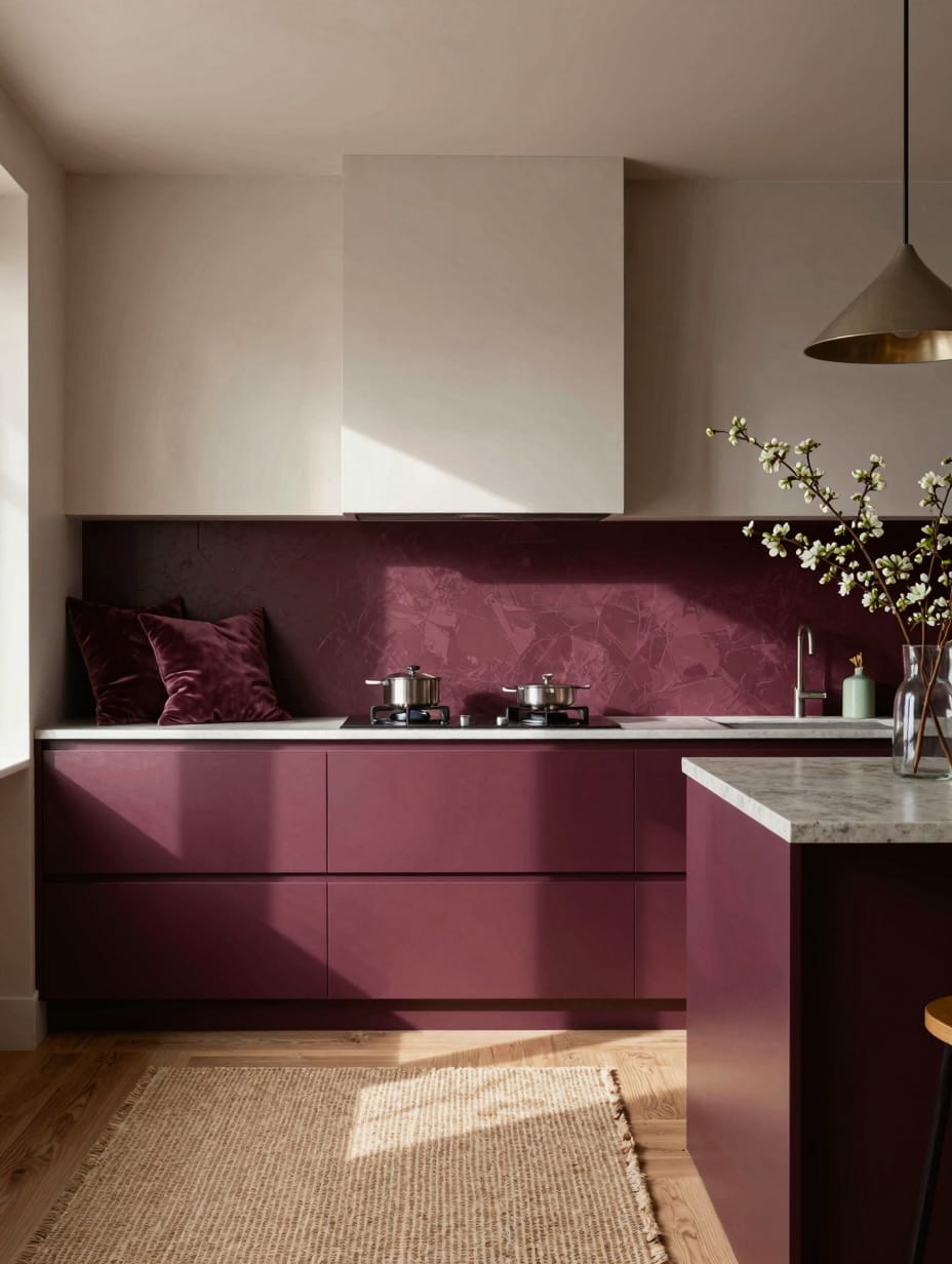 A luxurious color drenching kitchen featuring deep plum walls, cabinets, and island, creating a regal and immersive cookin...