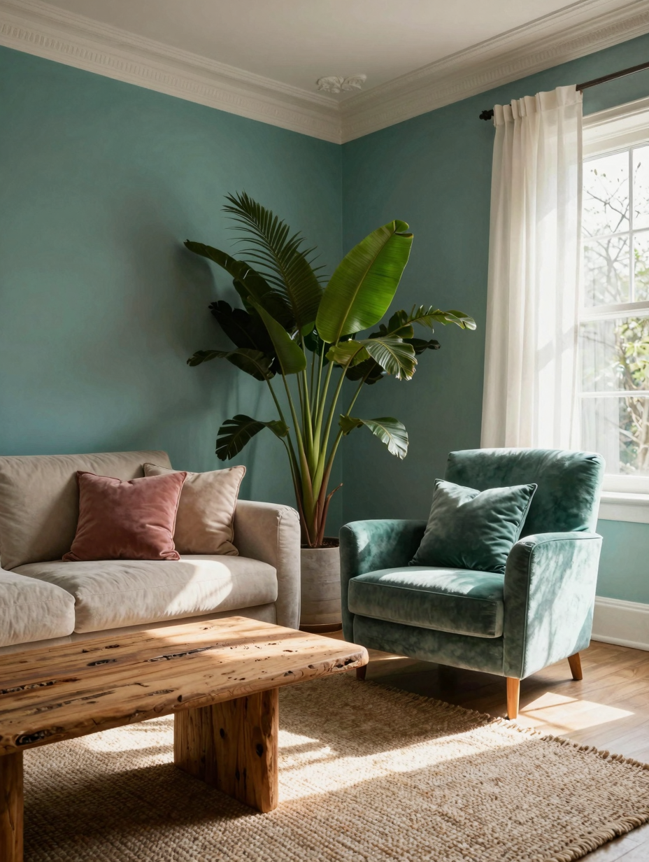A serene, color drenching living room with walls, furniture, and decor all in varying shades of deep teal, creating an oas...