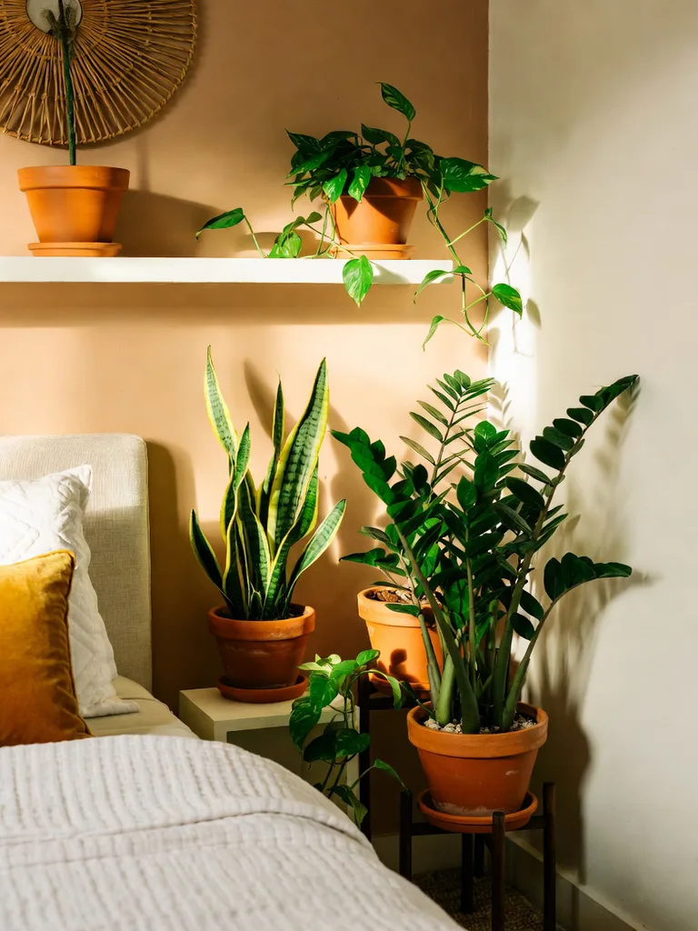 A cozy bedroom featuring a variety of potted plants on a floating shelf and a bedside table, creating a fresh, natural aes...