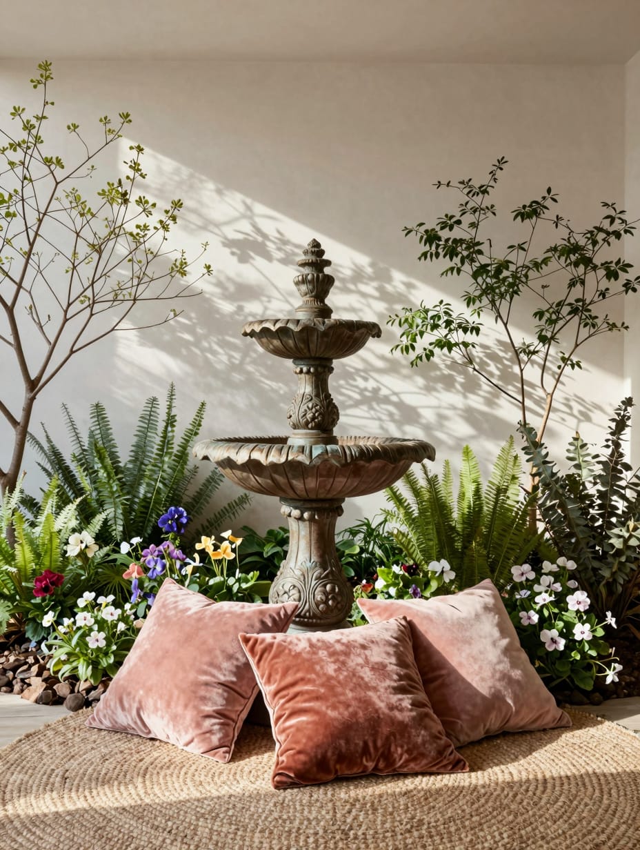 A vibrant garden art sculpture creates a whimsical focal point in a beautifully landscaped front yard, surrounded by peren...