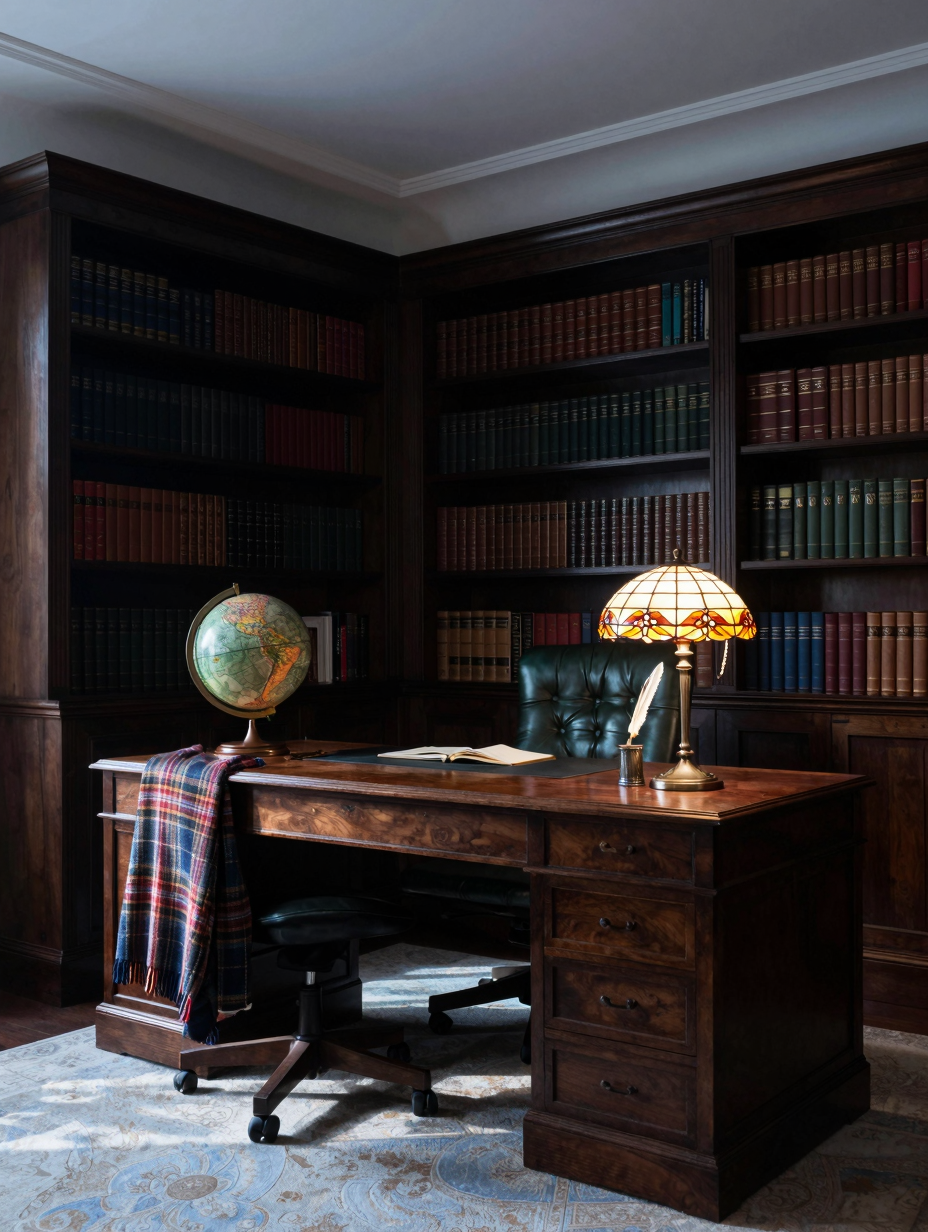 A dark academia style home office with a vintage wooden desk, overflowing bookshelves, and a cozy reading lamp creating a ...