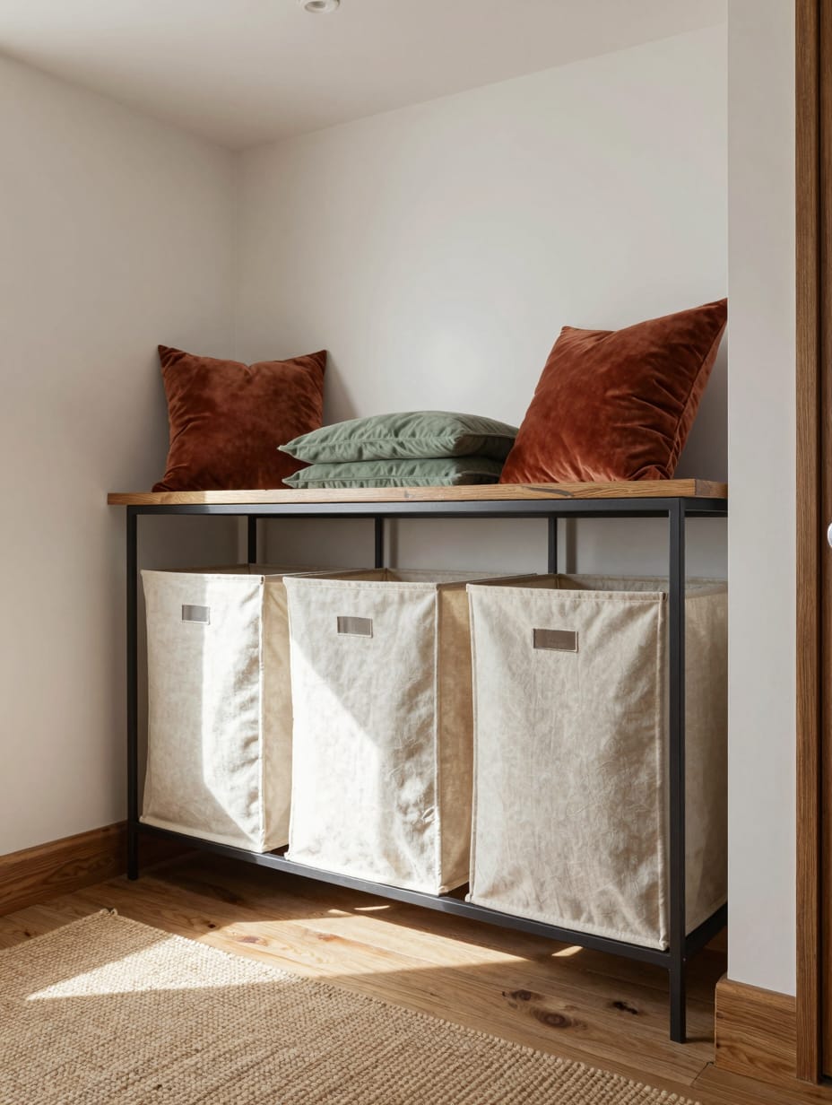 A stylish, multi-compartment laundry hamper system optimizing space in a small laundry room, showcasing smart sorting solu...